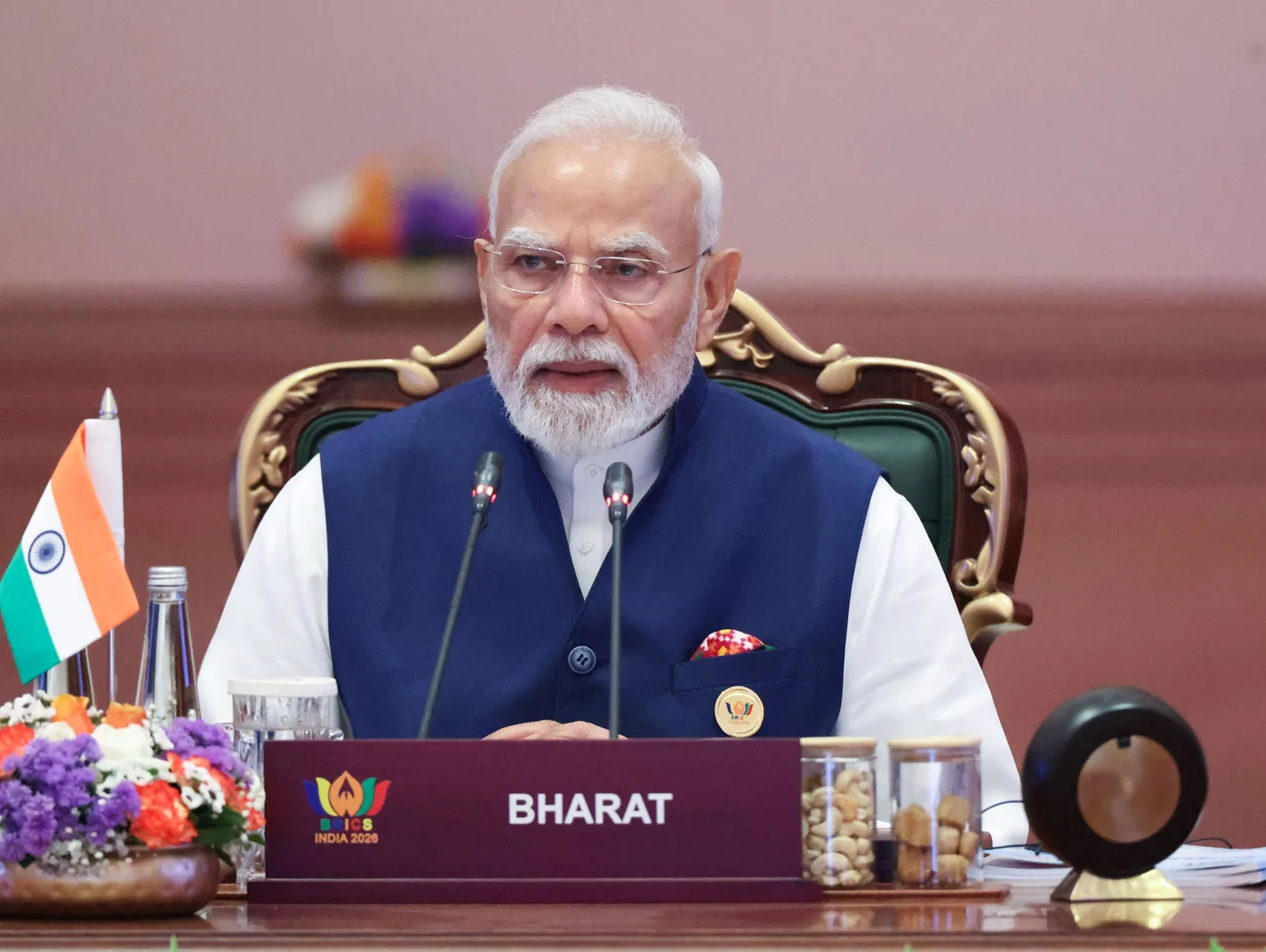 Premiér Naréndra Módí při projevu na 18. summitu BRICS, 13. září 2026